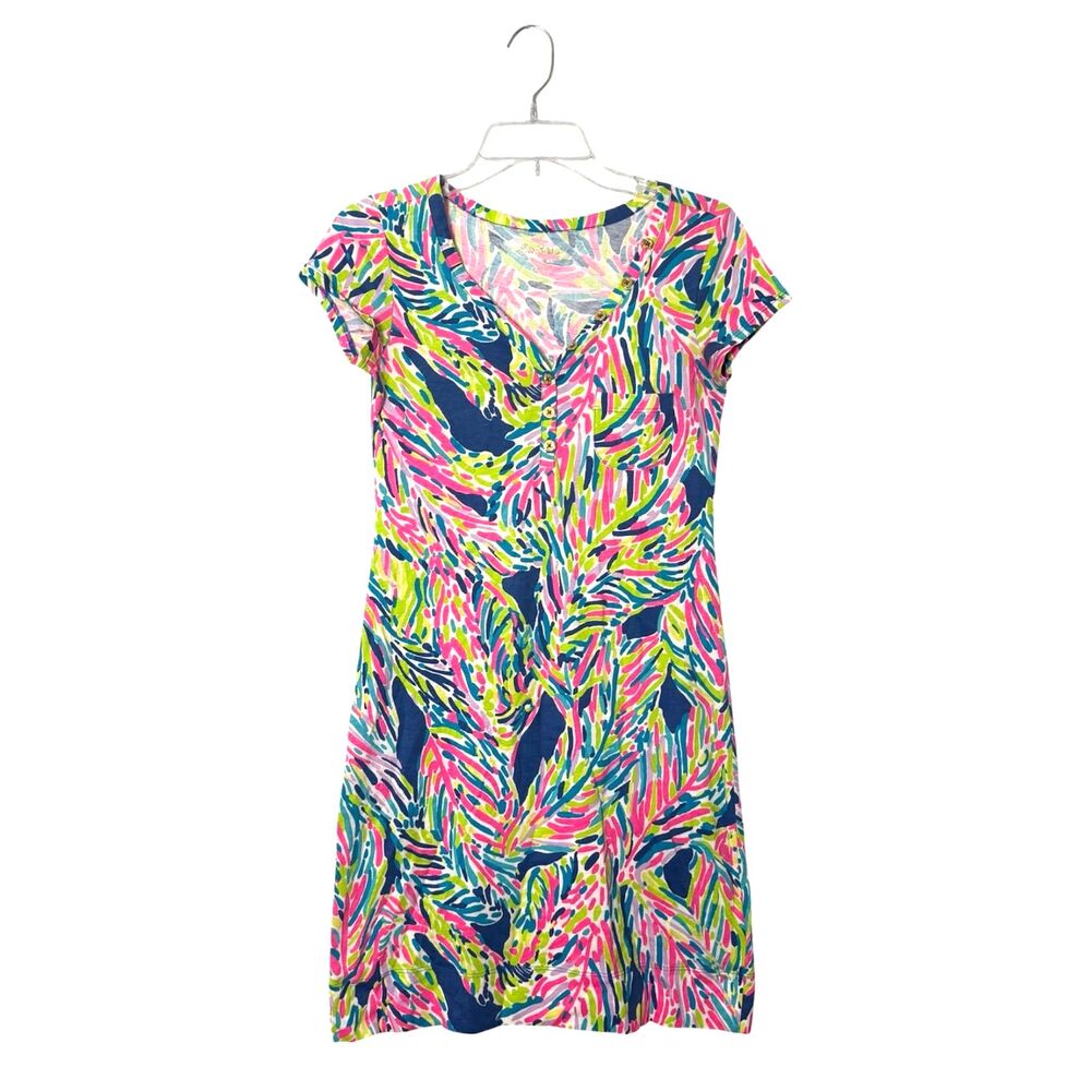 Lilly Pulitzer Palmira TShirt Dress Indigo Palm Reader VNeck Neon Preppy Mini XS